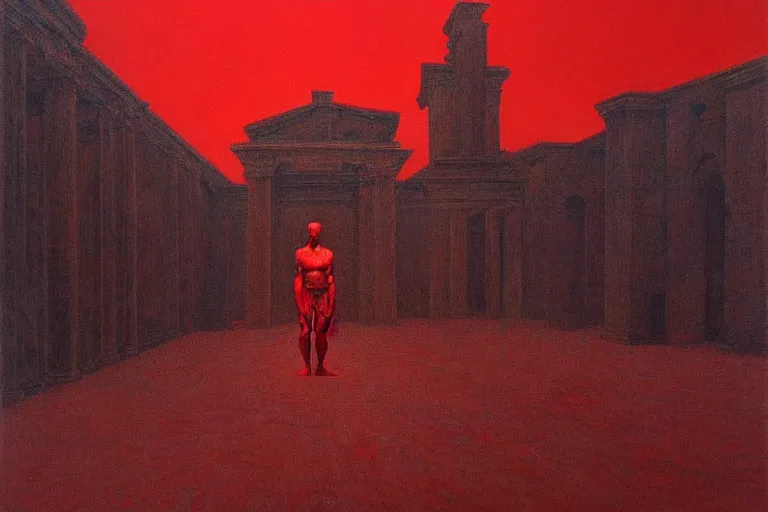 Image similar to only with red, caesar after war, a red tiger, in hoc signo vinces, rome in background, an ancient path, in the style of beksinski, part by hopper, part by rodcenko, part by hofbauer, intricate composition, red by caravaggio, insanely quality, highly detailed, masterpiece, red light, artstation