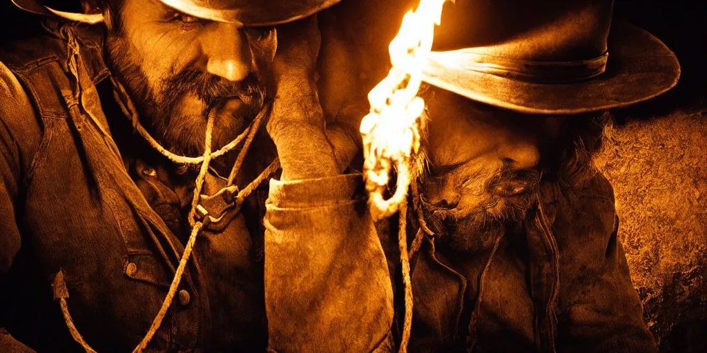 Prompt: portrait of rugged bandit cialien murphy in the old west, handcuffed bound by shackles at a campfire, volumetric lighting, cinematic, dark, grim