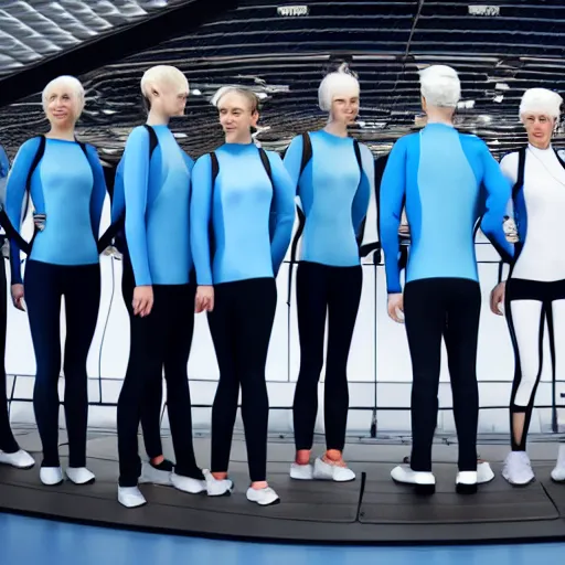 Image similar to group of identical athletic humans with light blue neoprene suits and white hair standing in a line on a conveyor belt, background of advanced futuristic laboratory, sci - fi, highly detailed, hyperrealistic