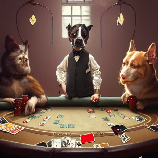 Prompt: a highly detailed matte portrait mister bean playing poker with dogs, standing at a card table, art by artgerm and greg rutkowski and alphonse mucha, volumetric lighting, octane render, 4 k resolution, trending on artstation, masterpiece