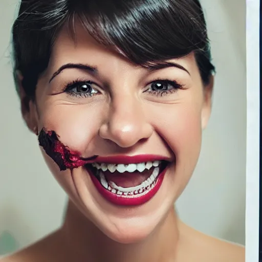 Prompt: closeup of woman with rotting teeth and blistered lips, newspaper ad for dentist