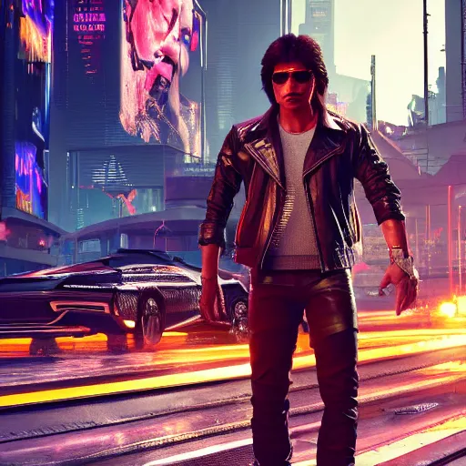 Image similar to full-frame of Shah Rukh Khan, wearing a brown leather-jacket, as a character from Cyberpunk 2077, looking at camera, intricate, sci-fi, extremely detailed, in the background cyperpunk-2077-city, concept art, artstation