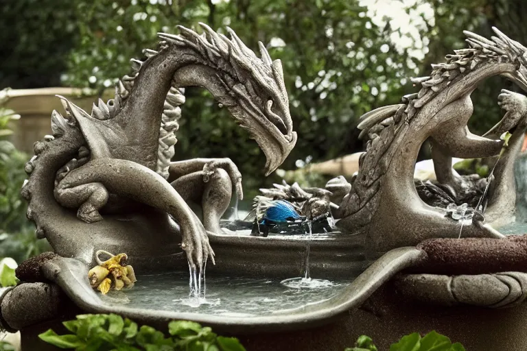 Prompt: cinematography baby dragon in a bird fountain by Emmanuel Lubezki