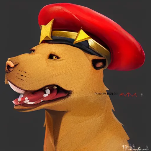 Image similar to Portrait painting of a antropormophic Red Dog using a communist red beret as an Overwatch character, medium shot, asymmetrical, profile picture, Organic Painting, sunny day, Matte Painting, bold shapes, hard edges, street art, trending on artstation, by Huang Guangjian and Gil Elvgren and Sachin Teng