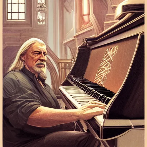 Prompt: a portrait of jon lord of deep purple playing his organ, urban motifs, intricate, elegant, highly detailed, digital painting, trending on artstation, concept art, smooth sharp focus, illustration, art by artgerm and greg rutkowski