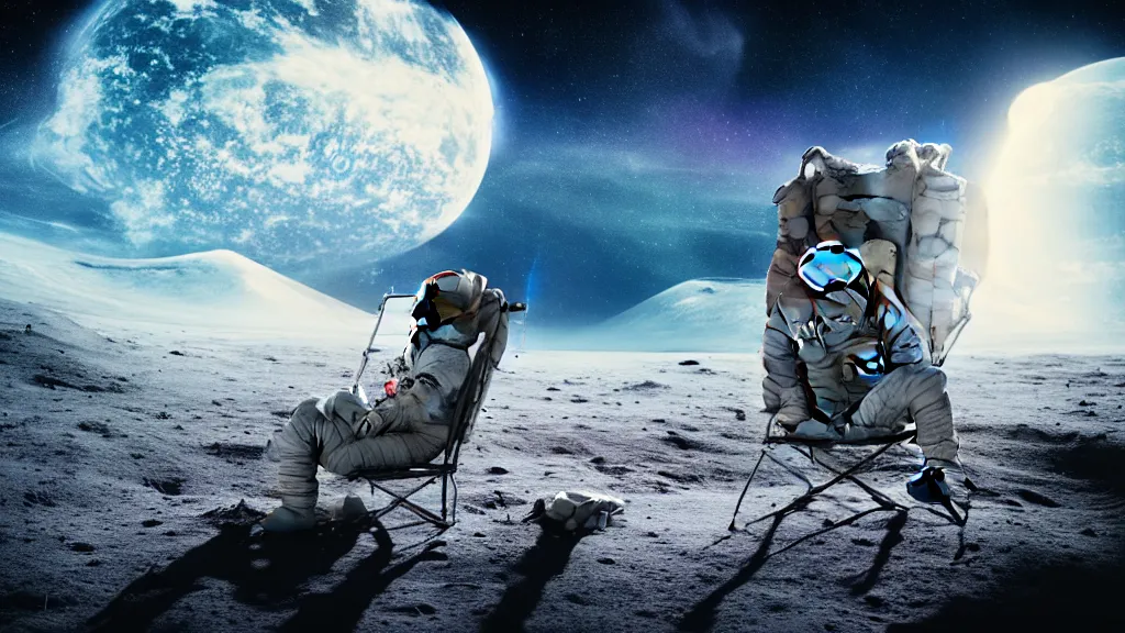 Image similar to A highly photographic render of astronaut on the Moon, sitting on a lawn chair reading a book facing planet Earth, rim lighting, cinematic lighting, octane engine, photo realistic image, 4K, super detailed, cinematic look