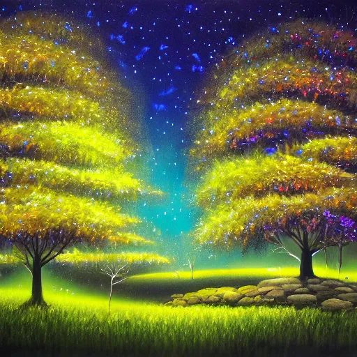 Prompt: landscape of beautiful magical indigo trees with fireflies, detailed luminescent magical realism painting 4 k