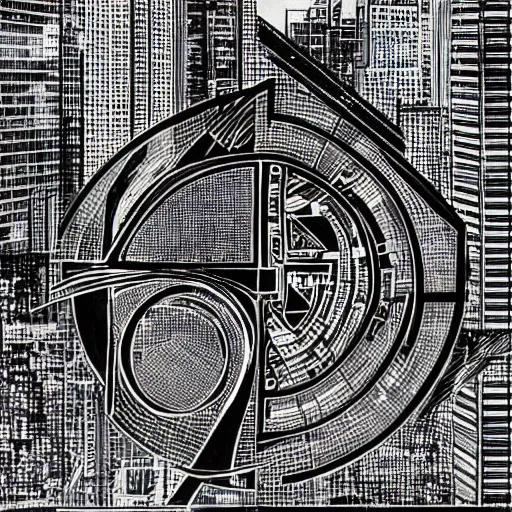 Prompt: a faint yin - yang daoist symbol superimposed on the futuristic cityscape in a utopian well - organized society, black and white multiscale