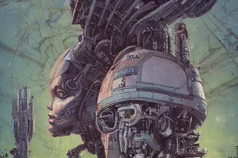 Image similar to gigantic robot - girl head floating in the space, a lot of exotic plants, trees, flowers, oldschool vintage sci - fi flat surreal grainy design, super - detailed, painting by enki bilal and moebius, hd, 4 k, high quality