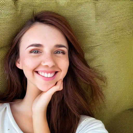 Prompt: Photograph of a cute young woman smiling, long shiny bronze brown hair, full round face, emerald green eyes, medium skin tone, light cute freckles, smiling softly, wearing casual clothing, relaxing on a modern couch, interior lighting, cozy living room background, medium shot, mid-shot, soft focus, 4k, professional photography, Portra 400