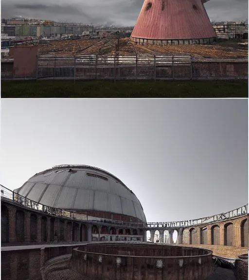 Prompt: former gasometer in rome, trending on artstation, behance, octane render, award winning, archviz, matte painting, epic