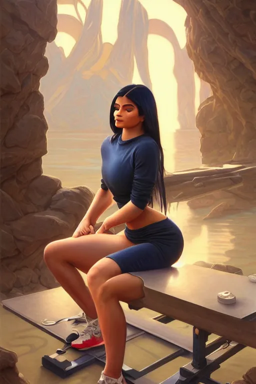 Prompt: clear portrait of kylie jenner benchpressing sillicone bags, cottagecore!!, background hyper detailed, character concept, full body, dynamic pose, elegant, intricate, highly detailed, digital painting, artstation, concept art, smooth, sharp focus, illustration, art by artgerm and greg rutkowski and alphonse mucha