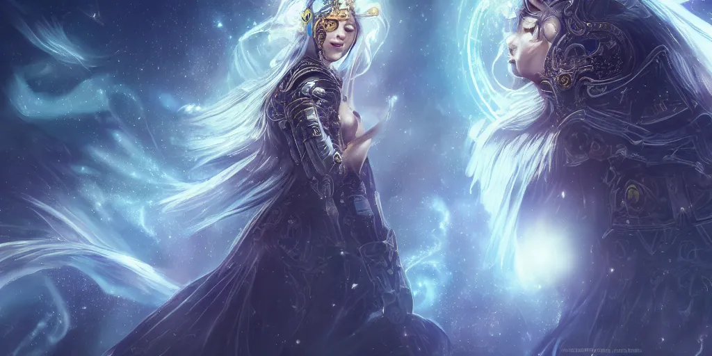 Image similar to portrait beautiful celestial castle, stellar space, ethereal, cosmic universe, majestic, interstellar, nebula, hyperreality, birds eye view, beautiful cyborg women, running into battle, epic fantasy character art, goddess of war, digital art, airbrush, exquisite detail, low angle, cinematic, intricate, epic, depth, artstation, unreal engine, 8 k, hd