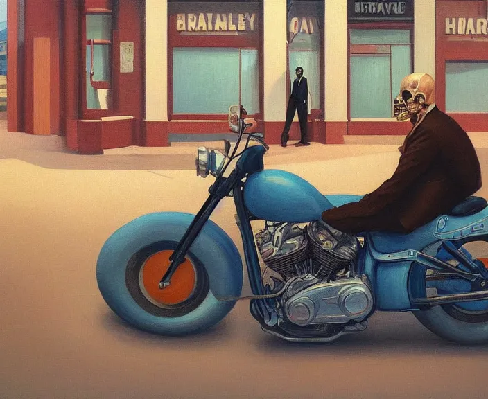 Image similar to a very detailed painting of a man wearing a suit, his head is a skull, riding a motorbike down a street, harley davidson motorbike, worm's - eye view, very fine brush strokes, very aesthetic, very futuristic, in the style of edward hopper and grant wood and syd mead, 4 k,