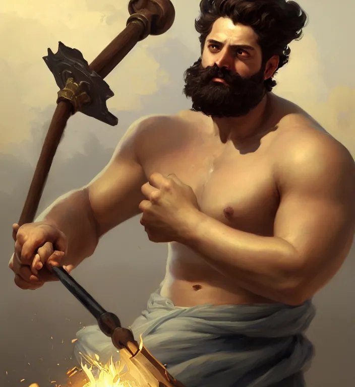 Image similar to masterpiece portrait of a greek god hephaestus, top lighting, holding forge hammer, art by charlie bowater and wenjun lin and starember and gil elvgren, ilya kuvshinov, cryengine, lumion render, 8 k realistic hyper detailed, digital painting, artstation, concept art, ray tracing, realistic shaded