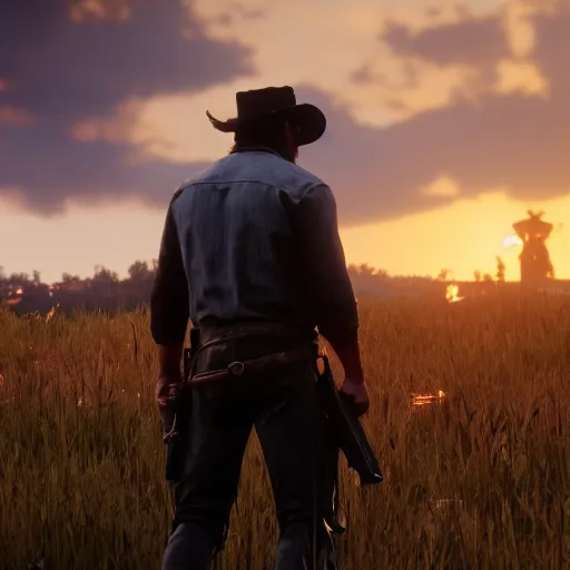 Image similar to zombie, bokeh dof, professional, dreamy, cute, 4 k, sunset, award winning, cute, disgusting, funny, sad, upset, red dead redemption 2