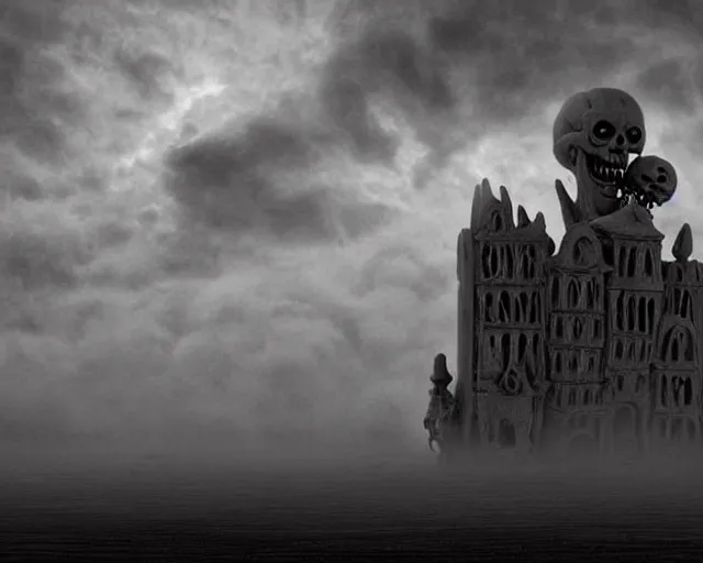 Image similar to ! dream city sized clay sculpture in a huge room. billowing clouds. brightest sun barely visible through the light fog. skeletons grinning. cosmic horror. halloween aesthetics, like an old monster movie. zombies are comming