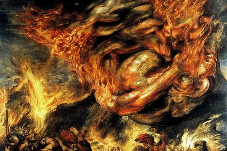 Image similar to majestic painting of a giant kebab monster terrorising a city in flames by Rubens, by Michelangelo, horror movie poster grain, ultra realistic, most definition, much appreciated