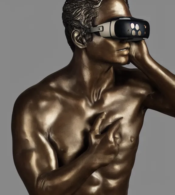 Image similar to a 4 k photorealistic photo medium shot of a bronze statue of a man wearing a vr headset.