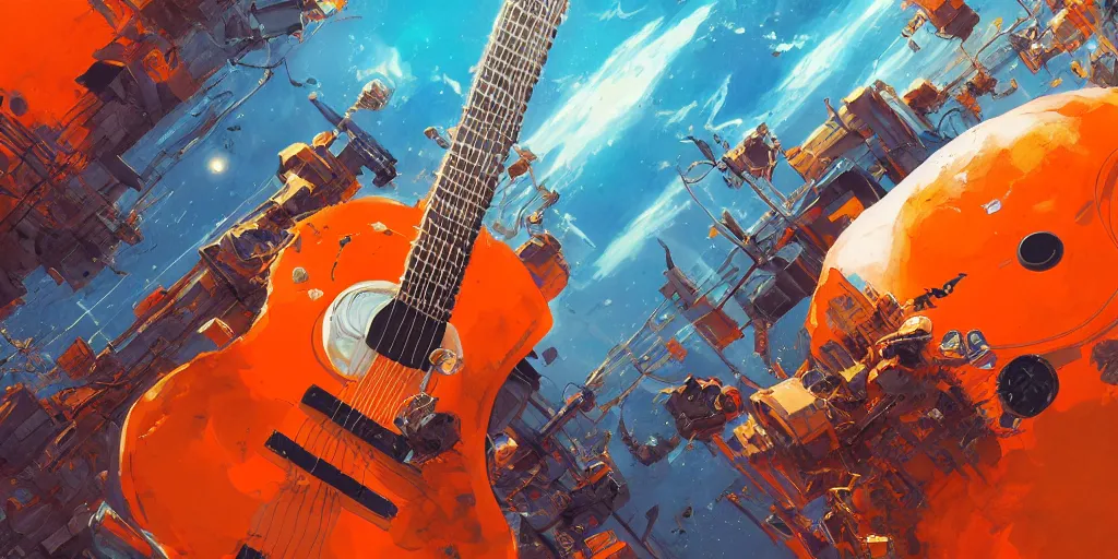 Image similar to Orange guitar amp space station, kim jung gi style, Greg Rutkowski, Zabrocki, Karlkka, Jayison Devadas, trending on Artstation, 8K, ultra wide angle, zenith view, pincushion lens effect