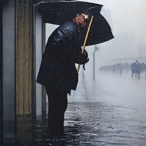 Image similar to closeup portrait of a man fishing in a rainy new york street, photography, time magazine