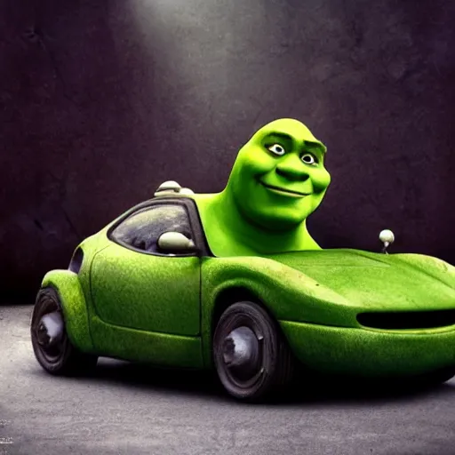 Image similar to a photo of shrek in the drivers seat of a ferari, Realistic, Refined, Highly Detailed, Cinematic pastel Lighting, fine art photography by Paolo Roversi, volumetric lighting, hyper realistic photography