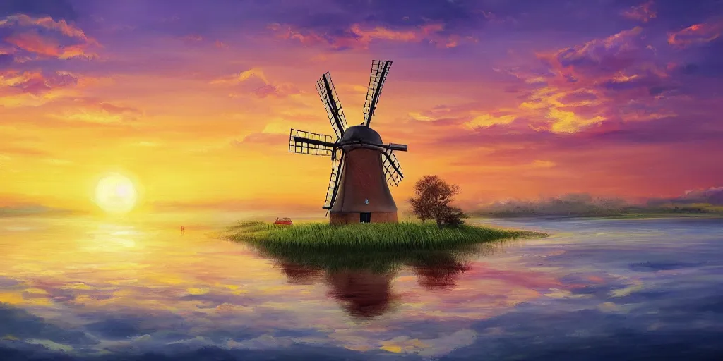 Prompt: Beautiful painting of a pretty sunset with a floating island floating high in the sky, a windmill on top of the floating island, 4k, art station