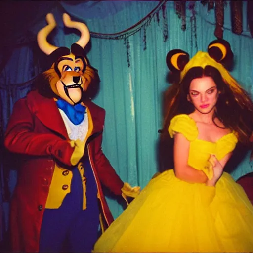 Prompt: Disney's real life characters of The Beauty and the Beast rocking hard on an Acid House track at a small rave party, shot with a disposable camera with flash