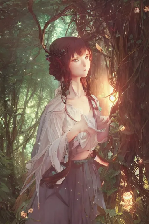 Image similar to anime key visual of a beautiful young female scarlette witch intricate, magical forest, stunning, highly detailed, digital painting, artstation, smooth, hard focus, illustration, art by artgerm and greg rutkowski and alphonse mucha