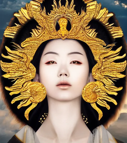 Image similar to hyper realistic portrait photo of beautiful ameterasu the sun goddess of japan, japanese model, portrait shot, intricate detail, glittering sun rays