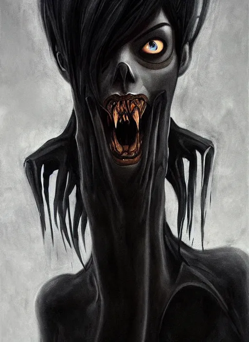 Image similar to dark portrait painting of tracer from overwatch, in style of zdzisław beksinski, scary, horror, overwatch tracer character, look of disgust, detailed face, dressed in dark garment, black tendrils, tall,