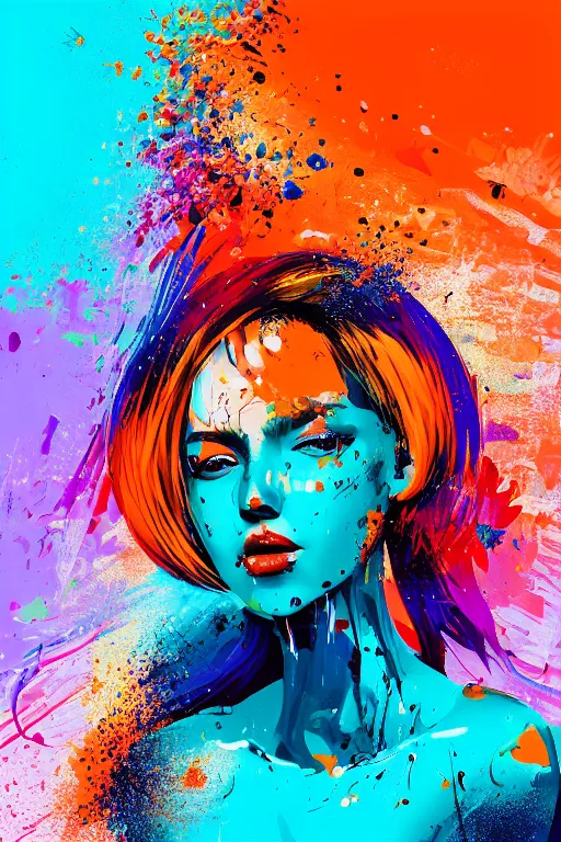 Image similar to a award winning half body portrait of a beautiful woman in a croptop and cargo pants with ombre orange blue teal hairstyle with head in motion and hair flying, paint splashes, splatter, outrun, vaporware, shaded flat illustration, digital art, trending on artstation, highly detailed, fine detail, intricate