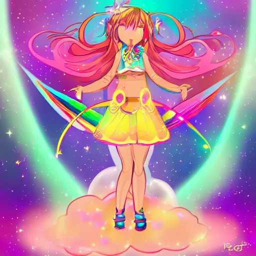 Prompt: Cute prismatic cosmic magical girl from the rainbow sky paradise, digital art