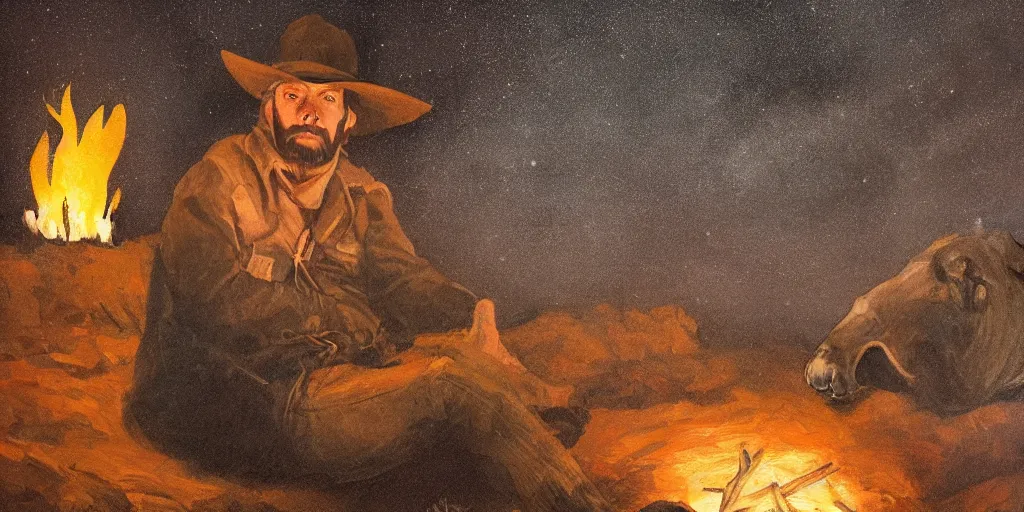 Prompt: in the old west, at a campfire at night, close up portrait of one sleeping bandit scoot mcnairy ( ( alone ) ) propped against a rock, watches the stars and his horse grazes, in the style of a cinematic oil painting, warm color palate, astral, grim