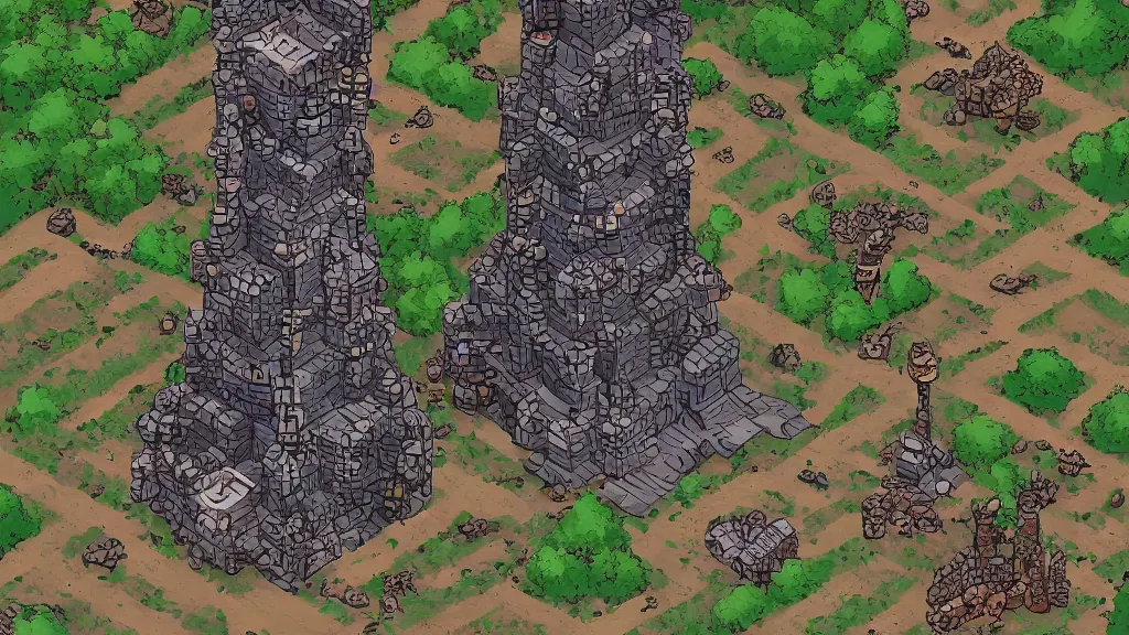 Image similar to aerial view of a wizard tower that's surrounded by resources, lineart from a resource gathering game