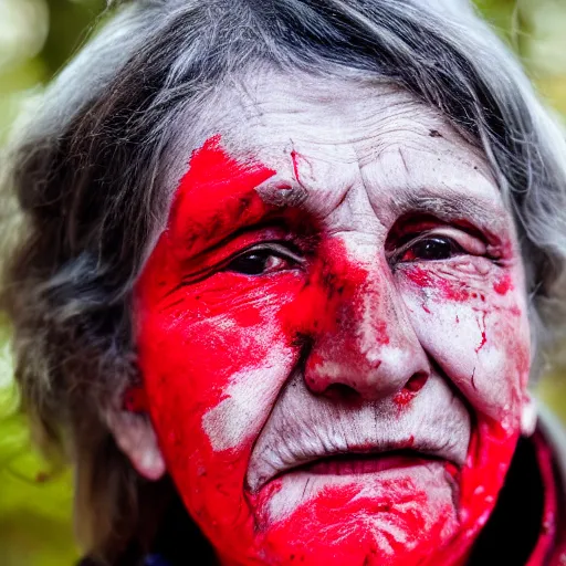 Image similar to Elderly woman with black eyes covered in red paint,