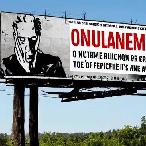 Prompt: ominous billboard warning of nuclear fallout