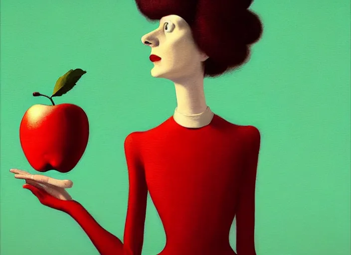 Prompt: a digital painting of a anthropomorphic humanoid green apple wearing a red dress, by netter and René Magritte, style from greg rutkowski, googly eyes, full frame, oil painting, featured on artstation, concept art, smooth, sharp focus, illustration, very detailed, ambient lighting, unreal engine render