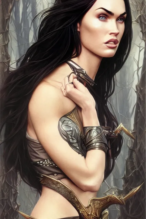 Prompt: portrait of megan fox elven mage, dark, piercing eyes, gentle expression, elegant clothing, photorealistic, highly detailed, artstation, smooth, sharp focus, art by michael whelan, artgerm, greg rutkowski and alphonse mucha