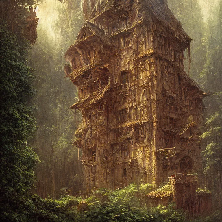 Prompt: a detailed painting inspired by moebius and beksinski of a medieval two floor building in the forest. fantasy poster. lord of the rings style. cinematic fantasy scene. fantasy. carl spitzweg. renaissance elements. renaissance element. oil painting. award winning. trending on artstation. 8 k