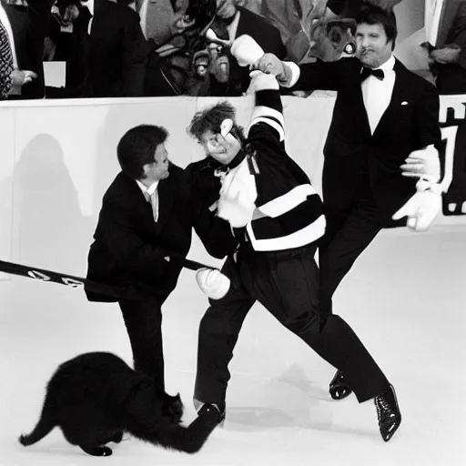 Prompt: wayne gretzky fistfight with tuxedo cat, photograph