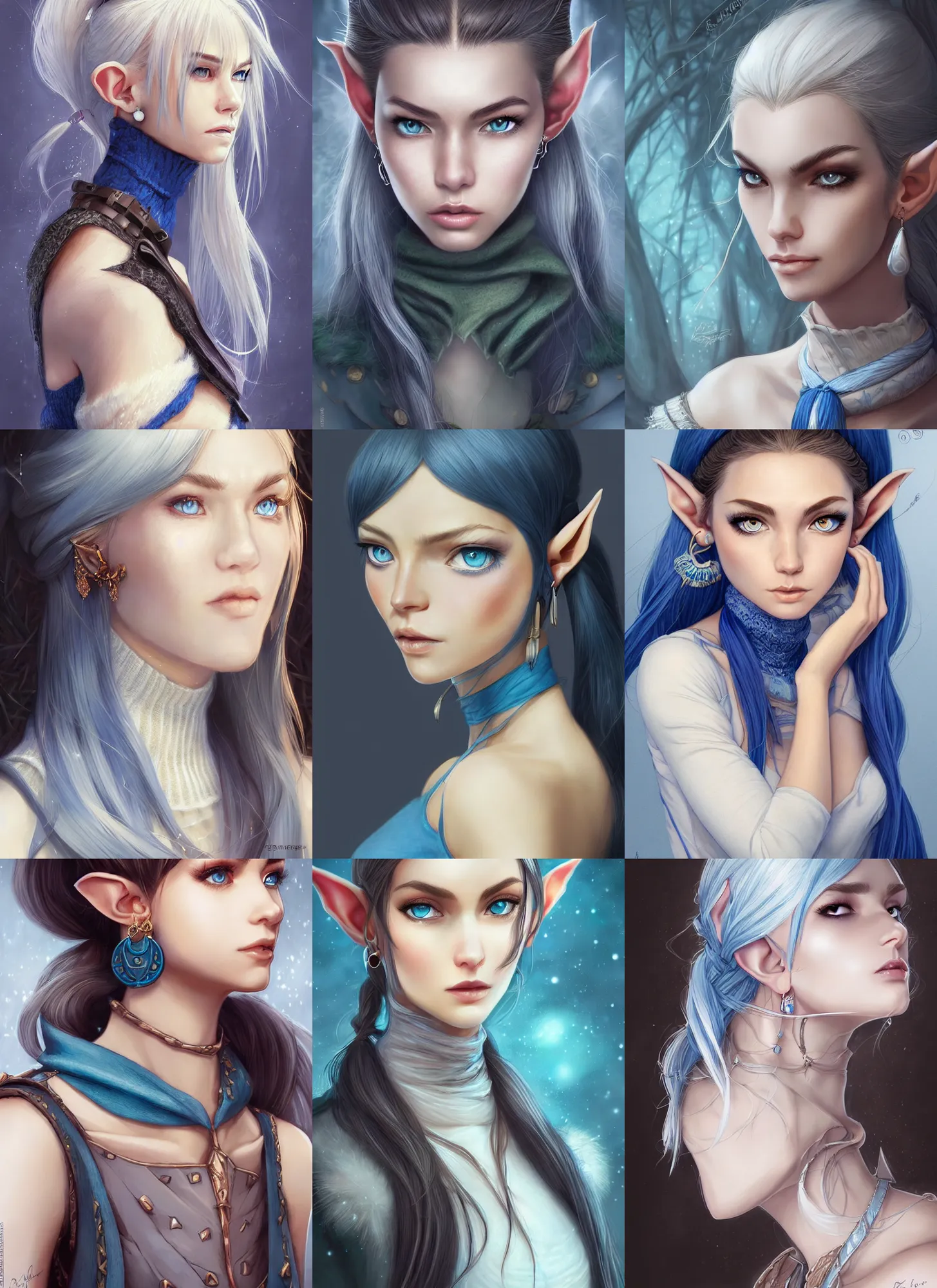 Prompt: close up portait of beautiful elf lady, white skin, blue eyes, long tied ponytail, serious look, sleeveless turtle neck sweater, earrings, highly detailed, high fantasy, smooth, sharp focus, digital illustration, by rossdraws, frank franzzeta, artgerm