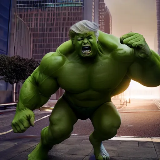 Image similar to Donald Trump with The Incredible Hulks body, realistic artstyle, wide shot, dramatic lighting, octane render, hyperrealistic, high quality, highly detailed, HD, beautiful, cinematic, 8k, unreal engine, facial accuracy, symmetrical
