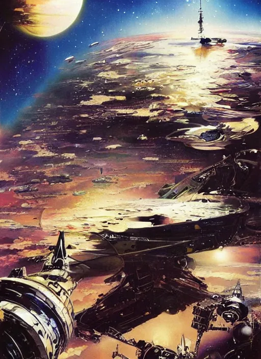 Image similar to spacious bg. minimalistic piece. simplified environment. lonely cosmos. single ship as main subject. masterpiece book cover illustration by the great famous sci - fi artist john berkey.