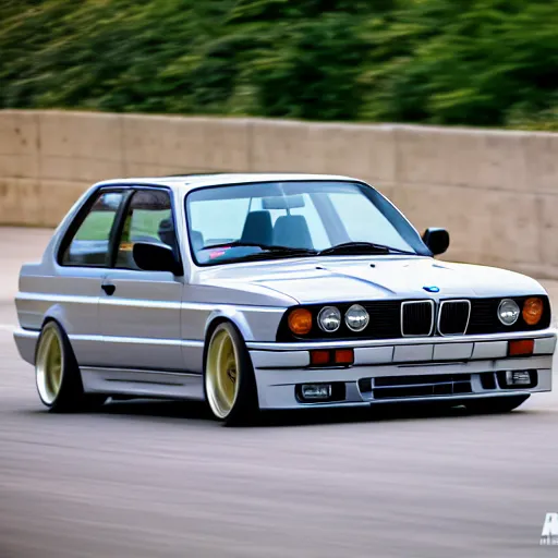 Image similar to a rolling shot of a modified bmw e 3 0 with lights on, on a street race track, motion blur, 3 5 mm photography, car photography, clean lines, realistic