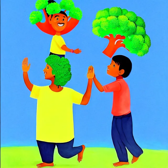 Image similar to professional kids book illustration of a South Indian !toddler! boy pulling a friendly anthropomorphic (broccoli) out of the ground, best on artstation,, astonishing, impressive, outstanding, cheerful, stunning, masterpiece by Eric Carle.