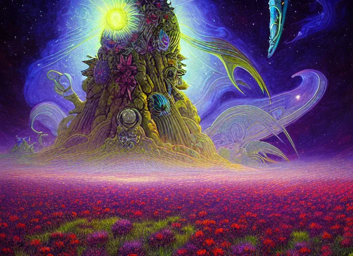 Prompt: a beautiful painting of a large alien shrine shrouded by mystic nebula magic in a field of flowers by moebius and android jones, oil on canvas sharp, details, hyper - detailed, hd, hdr, 4 k, 8 k