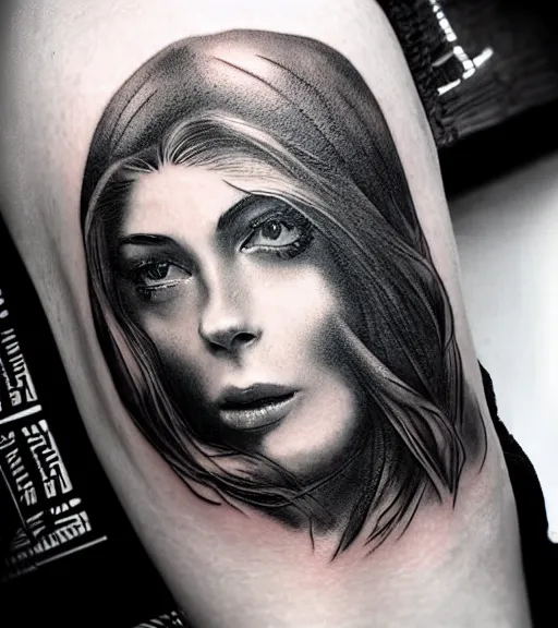 Image similar to a beautiful woman face next to mighty mountains, tattoo design sketch, amazing blend effect, hyper - realistic, in the style of matteo pasqualin, amazing detail, black and white