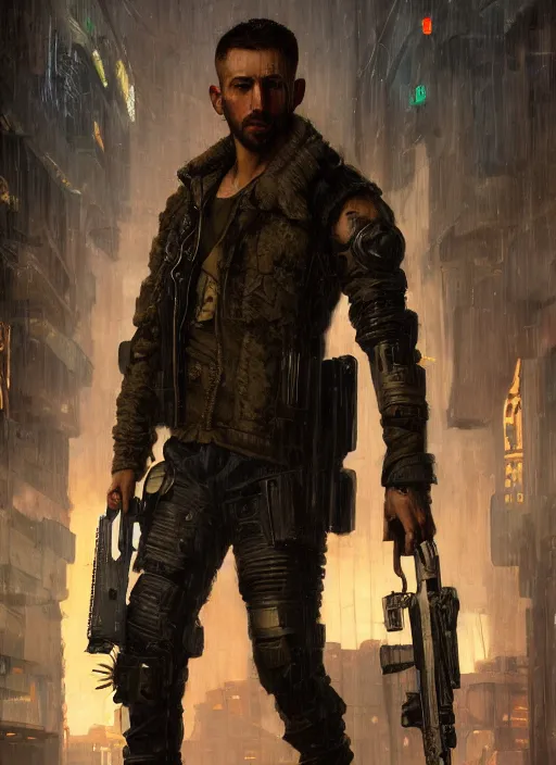 Image similar to igor. cyberpunk mercenary in a military vest ( blade runner 2 0 4 9, cyberpunk 2 0 7 7 ). orientalist portrait by john william waterhouse and james gurney and theodore ralli and nasreddine dinet, oil on canvas. cinematic, hyper realism, realistic proportions, dramatic lighting, high detail 4 k