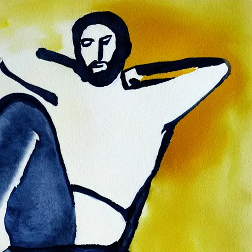 Image similar to a minimalist painting of a charming man reclined on a sofa. 1991. Watercolor and Acrylic on Paper